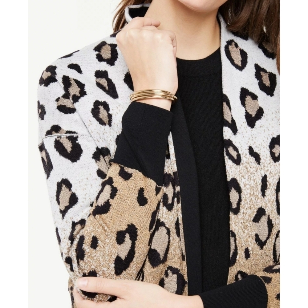 ANN TAYLOR White Gold Black Ombre Leopard Pocket Cardigan, Wool Blend, XS - Picture 3 of 12